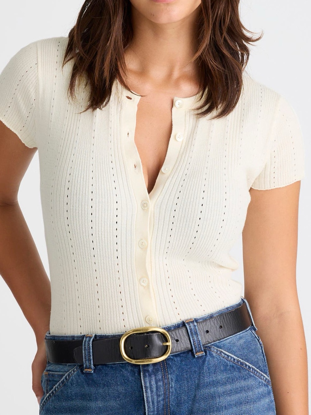 Madewell Cream Short-Sleeve Knit Button-Front Top